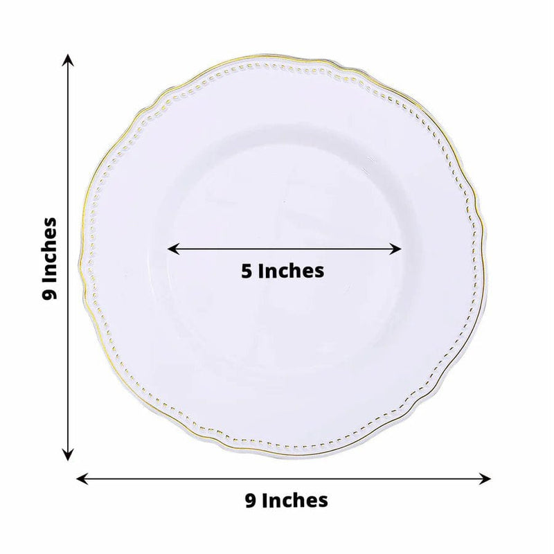 10 Round Plastic Dinner Plates with Gold Scalloped Rim - Disposable Tableware