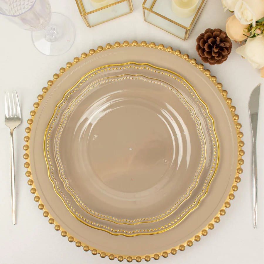 10 Round Plastic Dinner Plates with Gold Scalloped Rim - Disposable Tableware