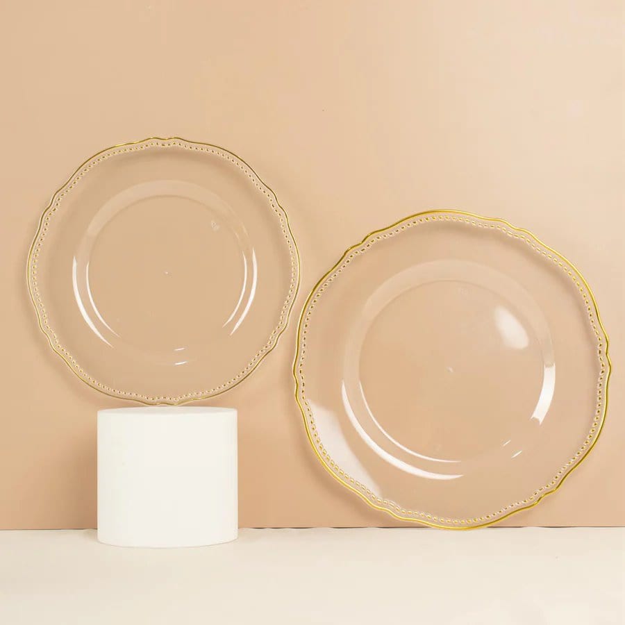 10 Round Plastic Dinner Plates with Gold Scalloped Rim - Disposable Tableware