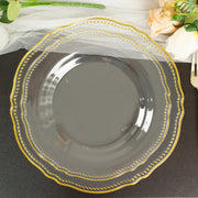 10 Round Plastic Dinner Plates with Gold Scalloped Rim - Disposable Tableware