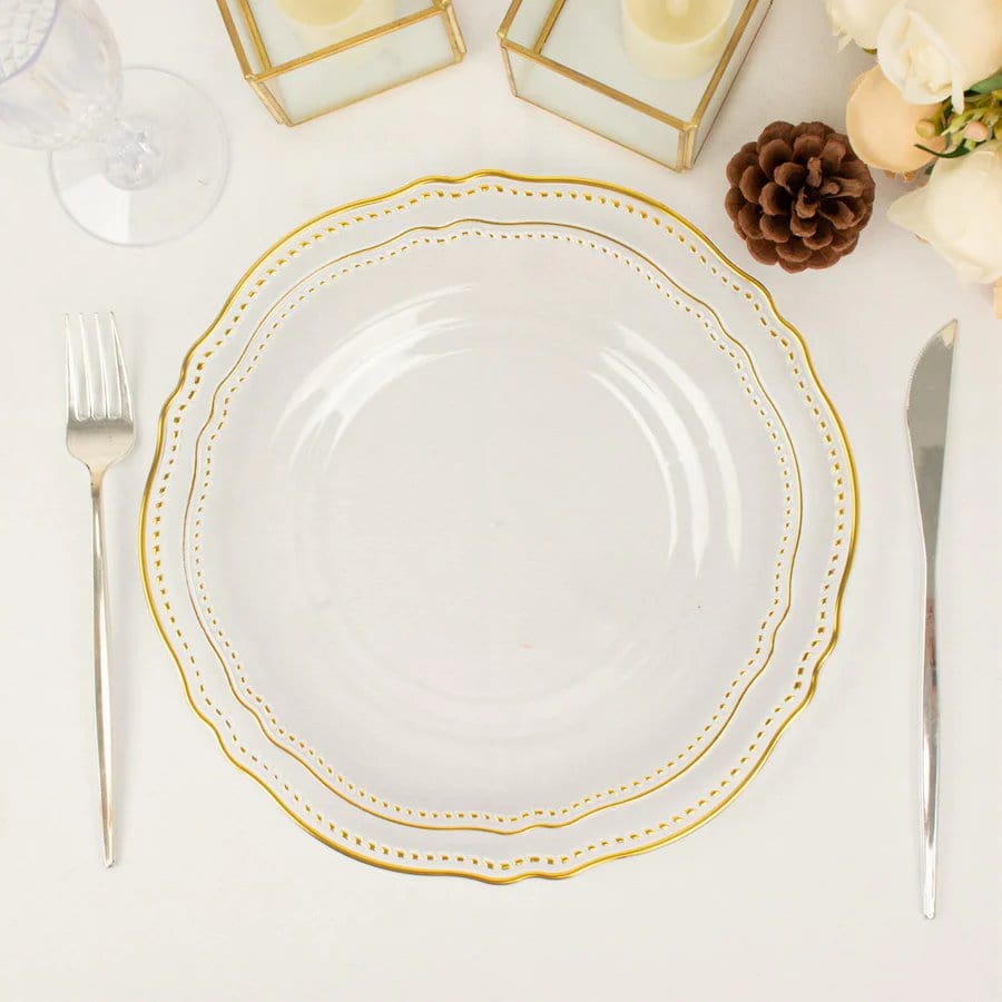 10 Round Plastic Dinner Plates with Gold Scalloped Rim - Disposable Tableware