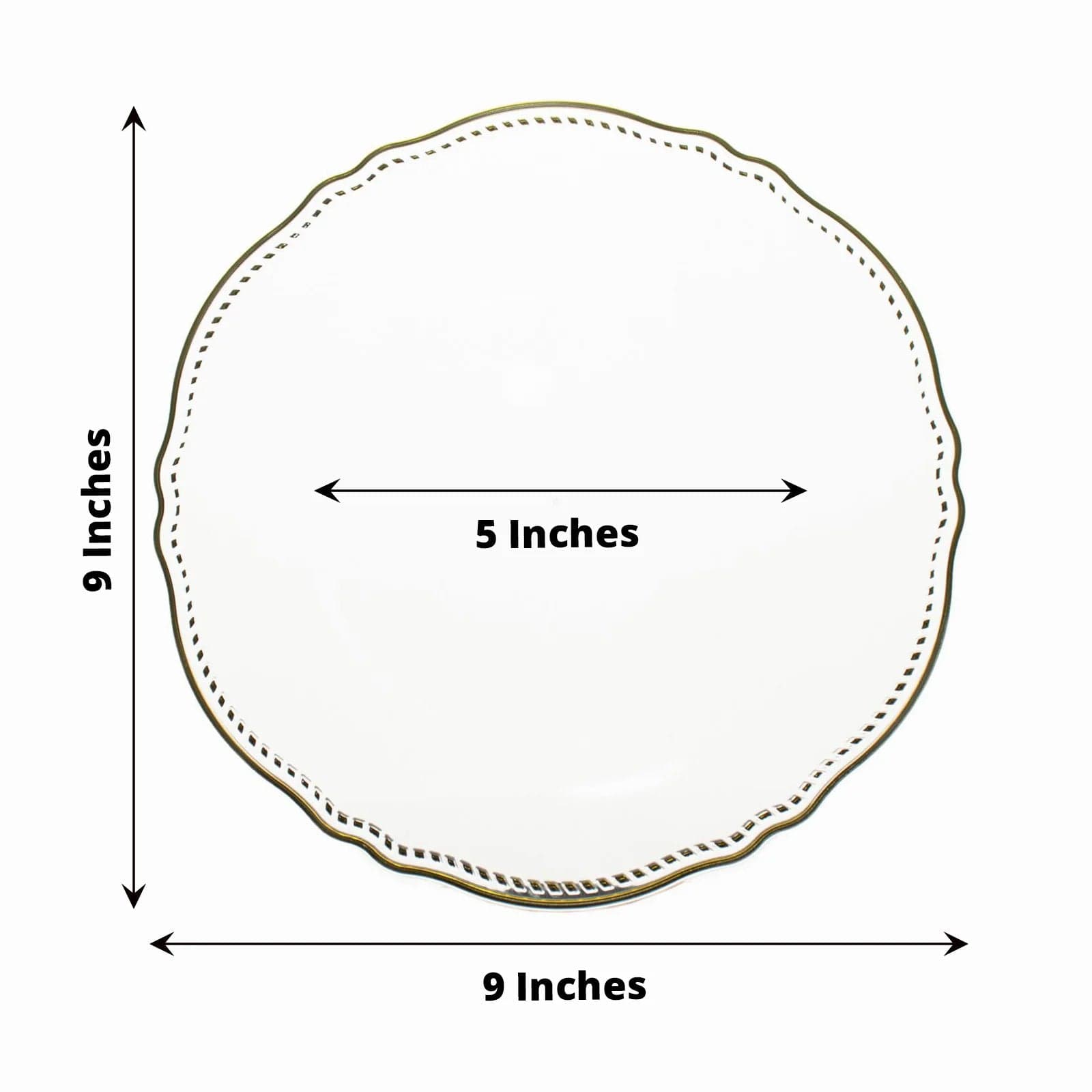 10 Round Plastic Dinner Plates with Gold Scalloped Rim - Disposable Tableware
