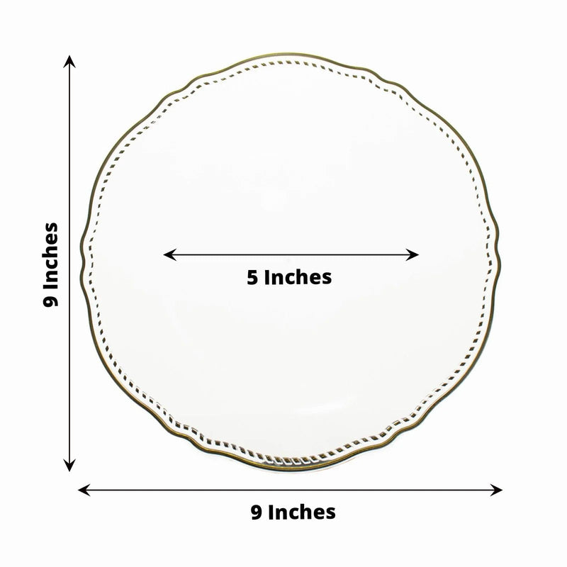 10 Round Plastic Dinner Plates with Gold Scalloped Rim - Disposable Tableware