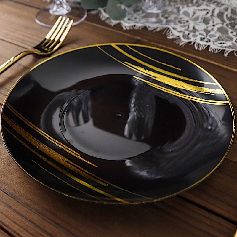 10 Round Plastic Salad and Dinner Plates with Metallic Prints - Disposable Tableware