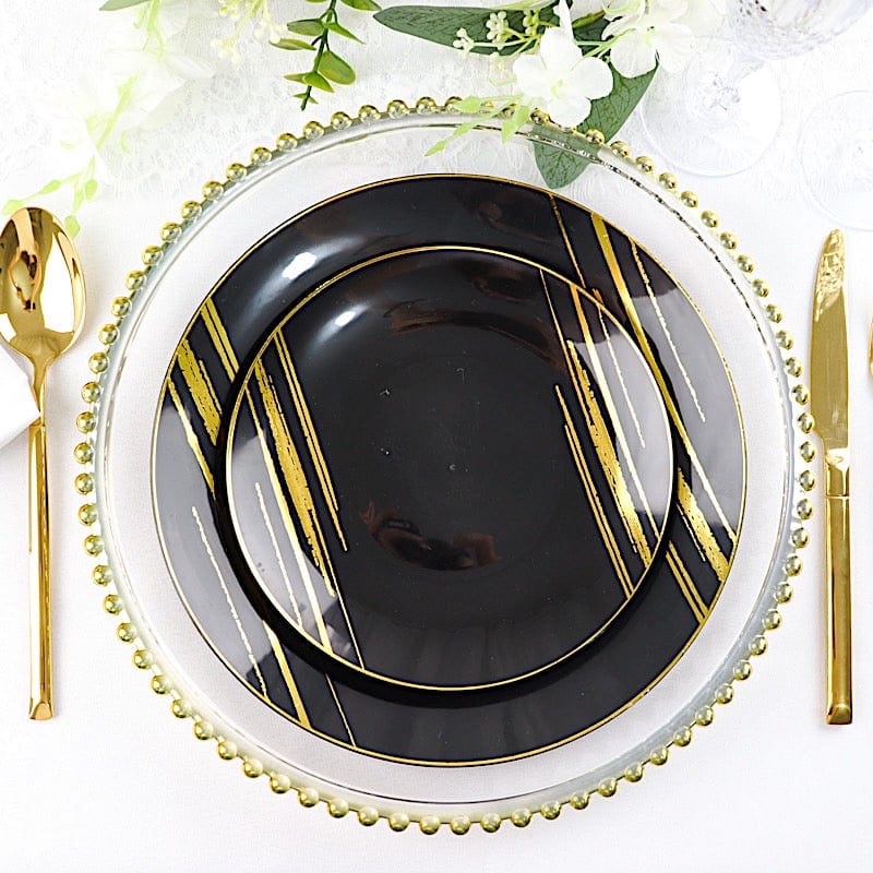 10 Round Plastic Salad and Dinner Plates with Metallic Prints - Disposable Tableware