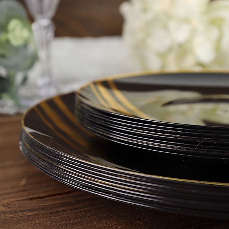 10 Round Plastic Salad and Dinner Plates with Metallic Prints - Disposable Tableware