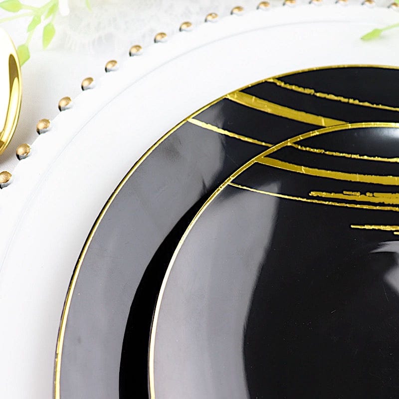 10 Round Plastic Salad and Dinner Plates with Metallic Prints - Disposable Tableware