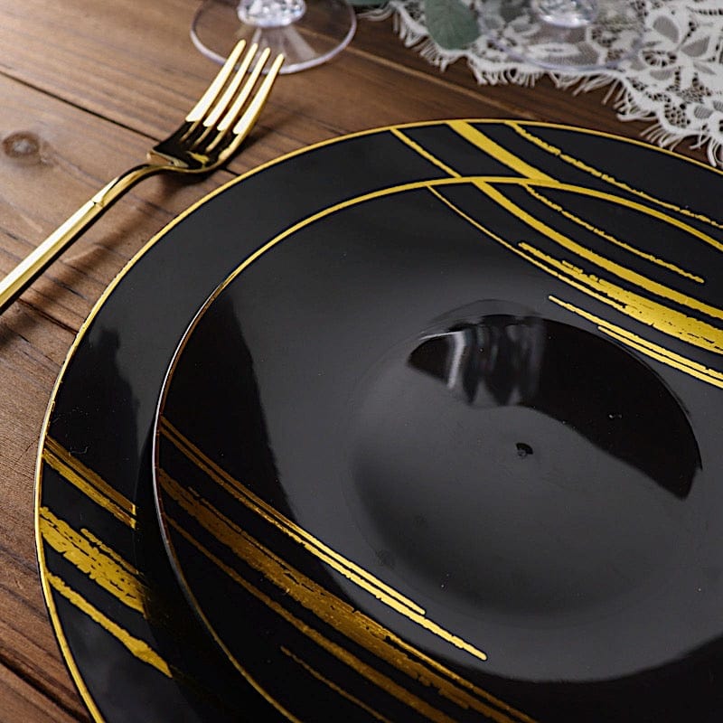 10 Round Plastic Salad and Dinner Plates with Metallic Prints - Disposable Tableware