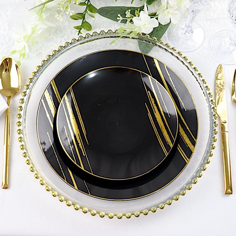 10 Round Plastic Salad and Dinner Plates with Metallic Prints - Disposable Tableware