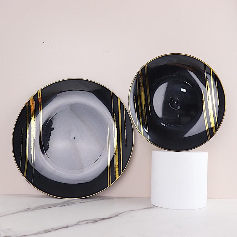 10 Round Plastic Salad and Dinner Plates with Metallic Prints - Disposable Tableware