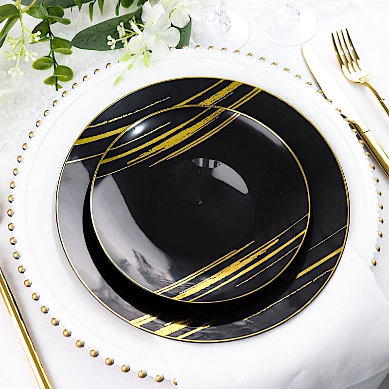 10 Round Plastic Salad and Dinner Plates with Metallic Prints - Disposable Tableware