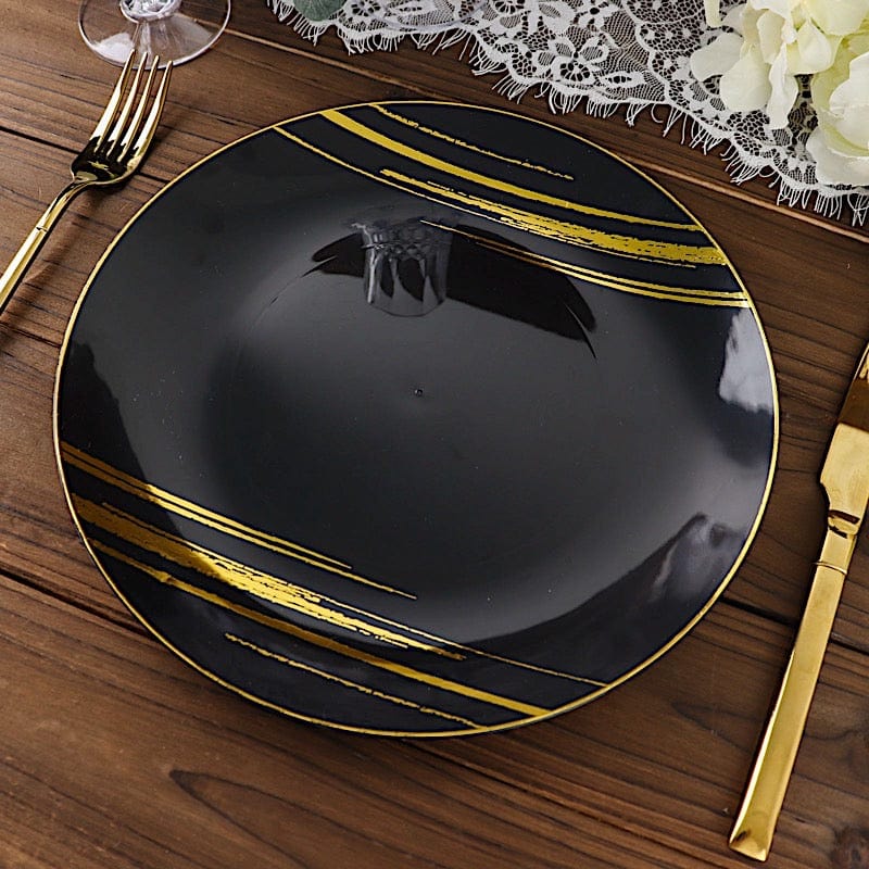 10 Round Plastic Salad and Dinner Plates with Metallic Prints - Disposable Tableware