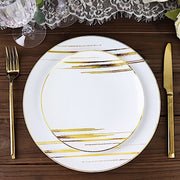 10 Round Plastic Salad and Dinner Plates with Metallic Prints - Disposable Tableware