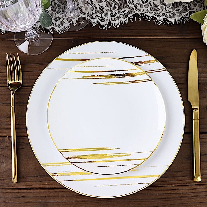 10 Round Plastic Salad and Dinner Plates with Metallic Prints - Disposable Tableware