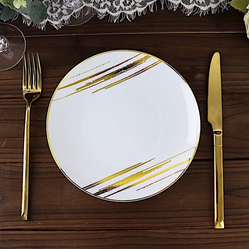 10 Round Plastic Salad and Dinner Plates with Metallic Prints - Disposable Tableware