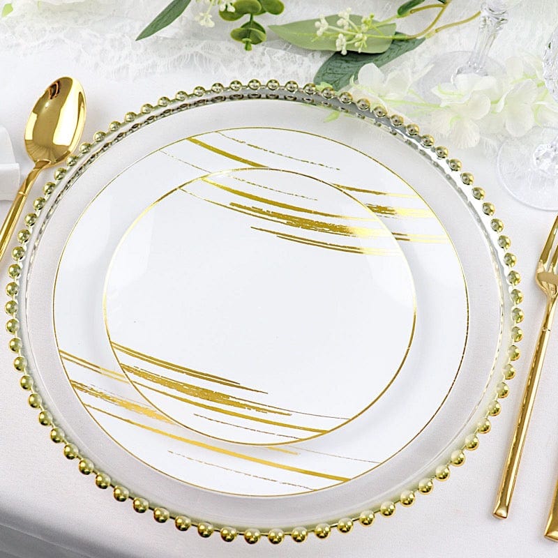 10 Round Plastic Salad and Dinner Plates with Metallic Prints - Disposable Tableware