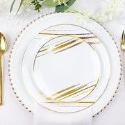 10 Round Plastic Salad and Dinner Plates with Metallic Prints - Disposable Tableware