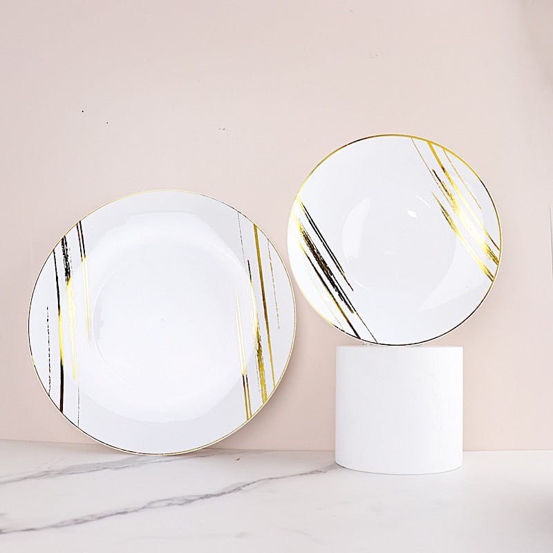 10 Round Plastic Salad and Dinner Plates with Metallic Prints - Disposable Tableware