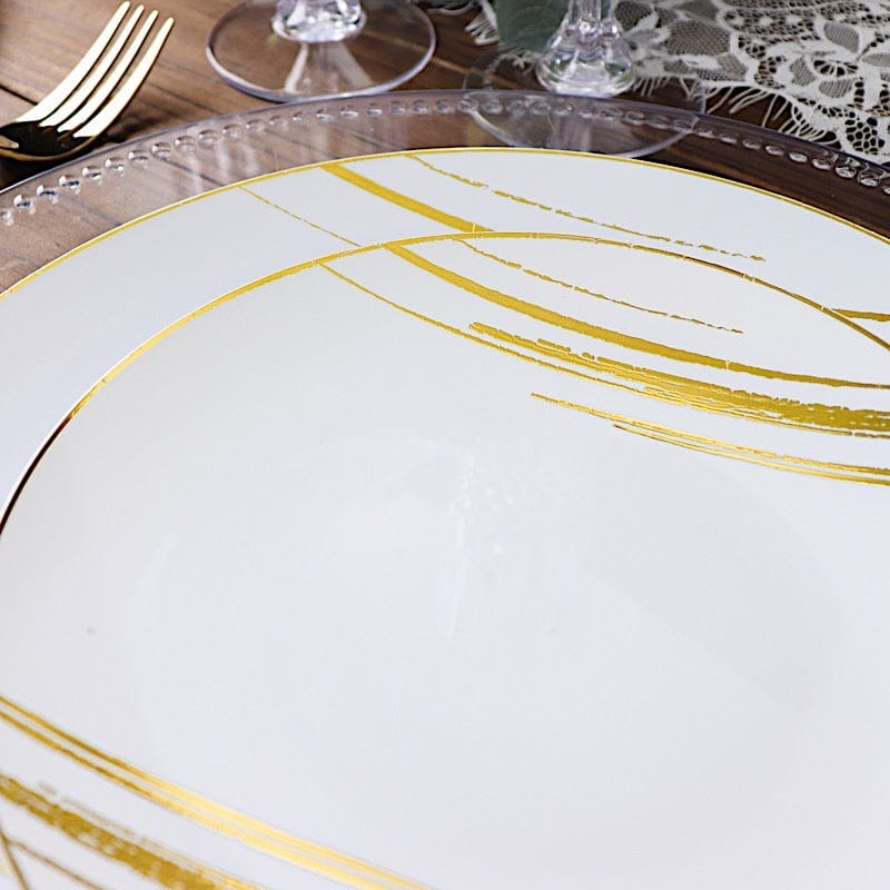 10 Round Plastic Salad and Dinner Plates with Metallic Prints - Disposable Tableware