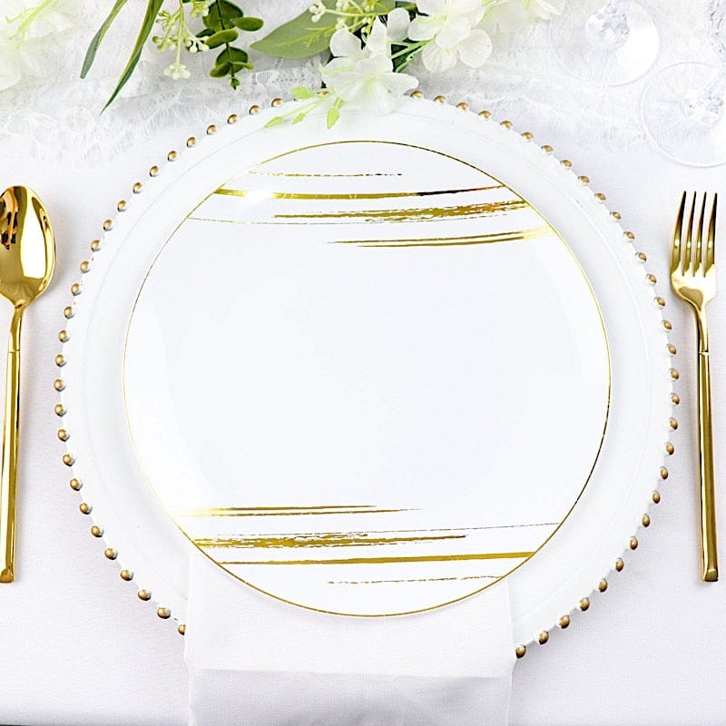 10 Round Plastic Salad and Dinner Plates with Metallic Prints - Disposable Tableware