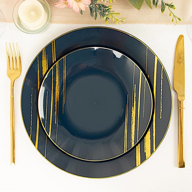 10 Round Plastic Salad and Dinner Plates with Metallic Prints - Disposable Tableware