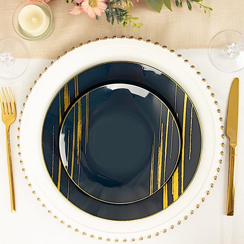10 Round Plastic Salad and Dinner Plates with Metallic Prints - Disposable Tableware