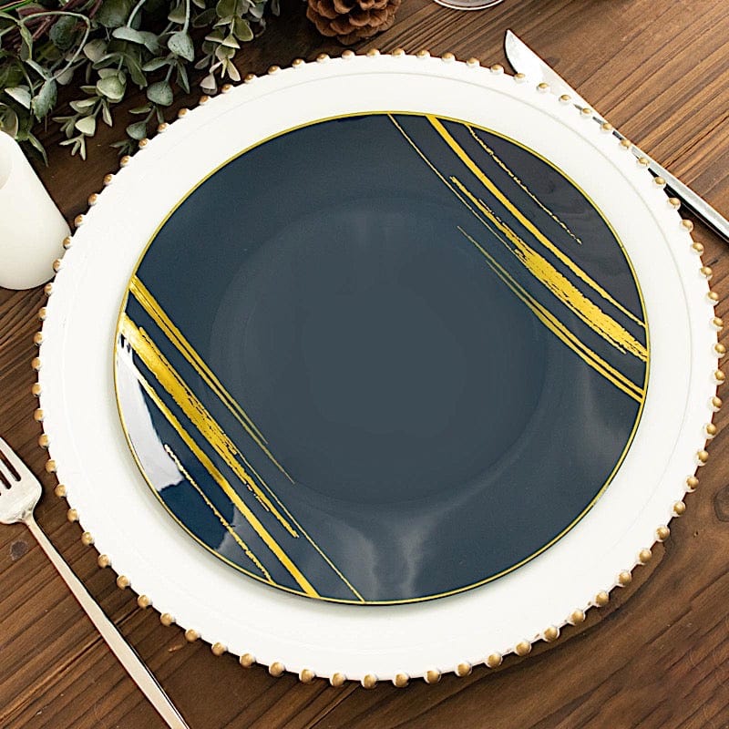 10 Round Plastic Salad and Dinner Plates with Metallic Prints - Disposable Tableware