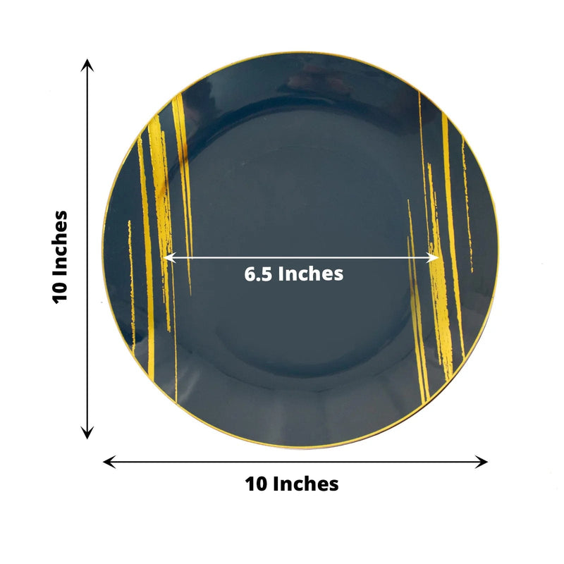 10 Round Plastic Salad and Dinner Plates with Metallic Prints - Disposable Tableware
