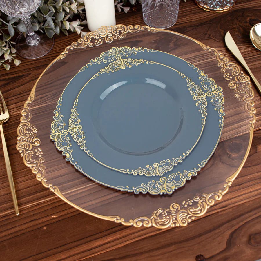 10 Round Plastic Salad Dinner Plates with Embossed Baroque Rim - Disposable Tableware