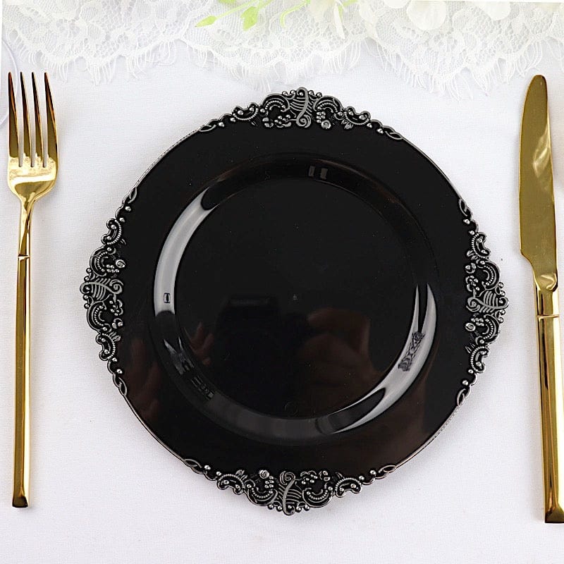 10 Round Plastic Salad Dinner Plates with Embossed Baroque Rim - Disposable Tableware
