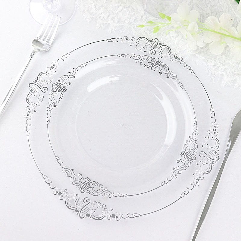 10 Round Plastic Salad Dinner Plates with Embossed Baroque Rim - Disposable Tableware