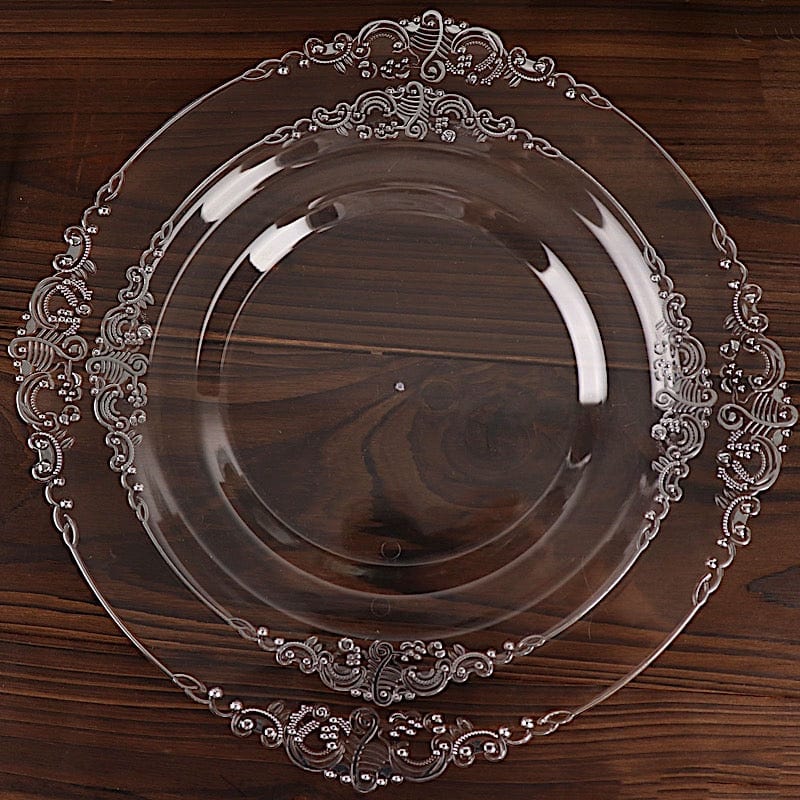 10 Round Plastic Salad Dinner Plates with Embossed Baroque Rim - Disposable Tableware
