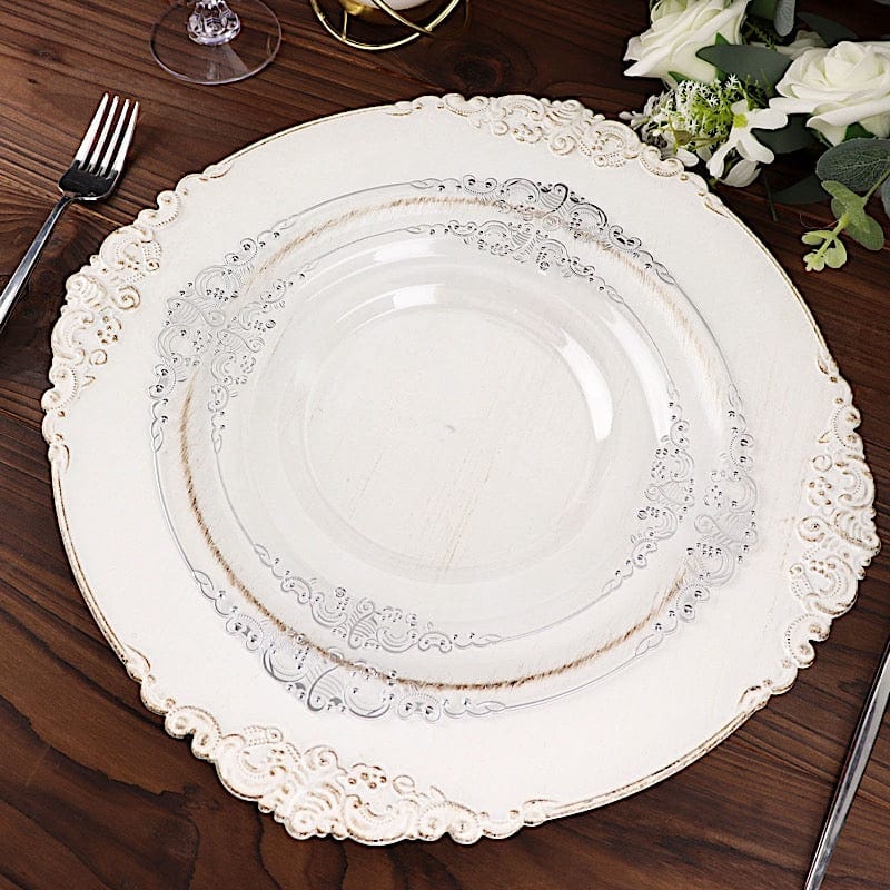 10 Round Plastic Salad Dinner Plates with Embossed Baroque Rim - Disposable Tableware