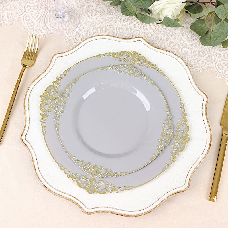 10 Round Plastic Salad Dinner Plates with Embossed Baroque Rim - Disposable Tableware