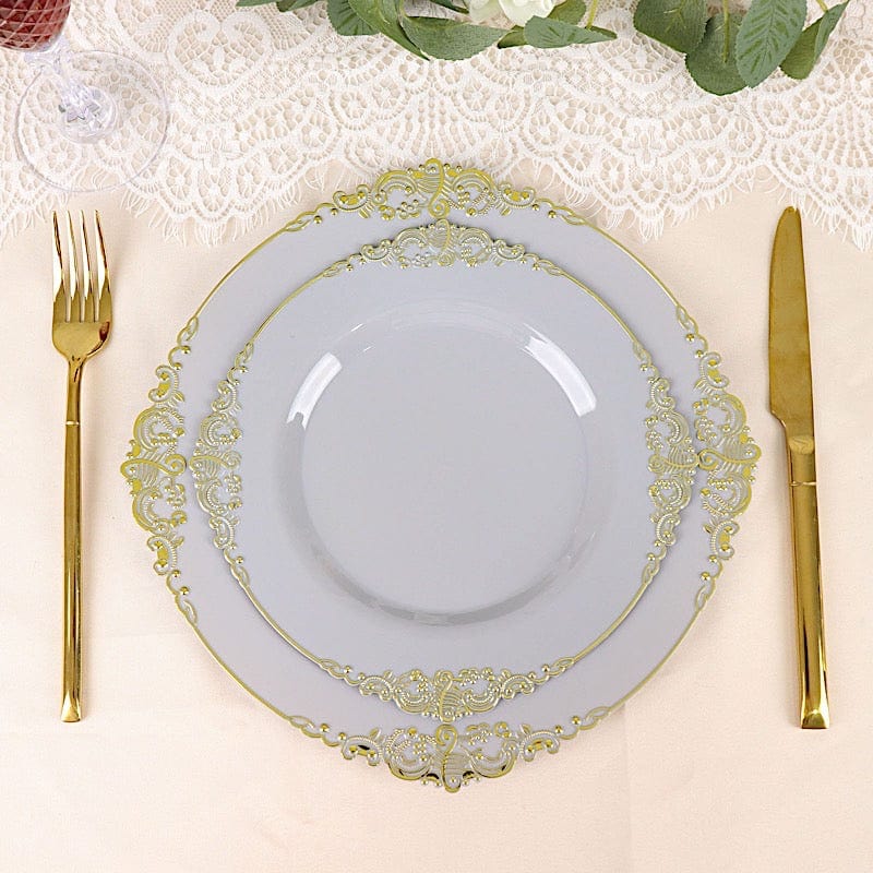 10 Round Plastic Salad Dinner Plates with Embossed Baroque Rim - Disposable Tableware