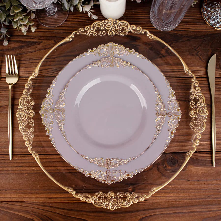 10 Round Plastic Salad Dinner Plates with Embossed Baroque Rim - Disposable Tableware