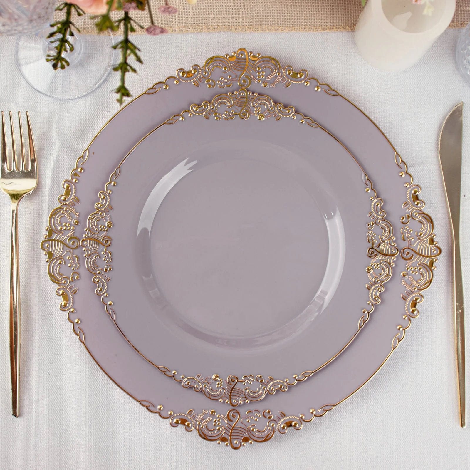 10 Round Plastic Salad Dinner Plates with Embossed Baroque Rim - Disposable Tableware