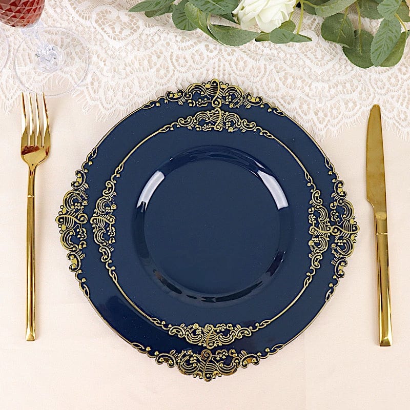 10 Round Plastic Salad Dinner Plates with Embossed Baroque Rim - Disposable Tableware