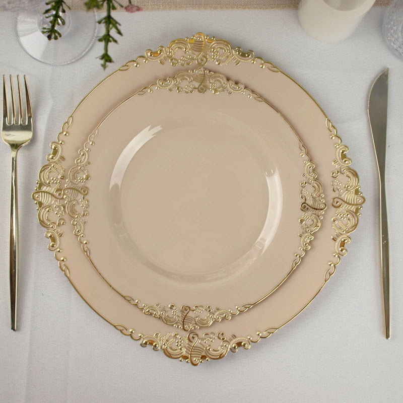 10 Round Plastic Salad Dinner Plates with Embossed Baroque Rim - Disposable Tableware