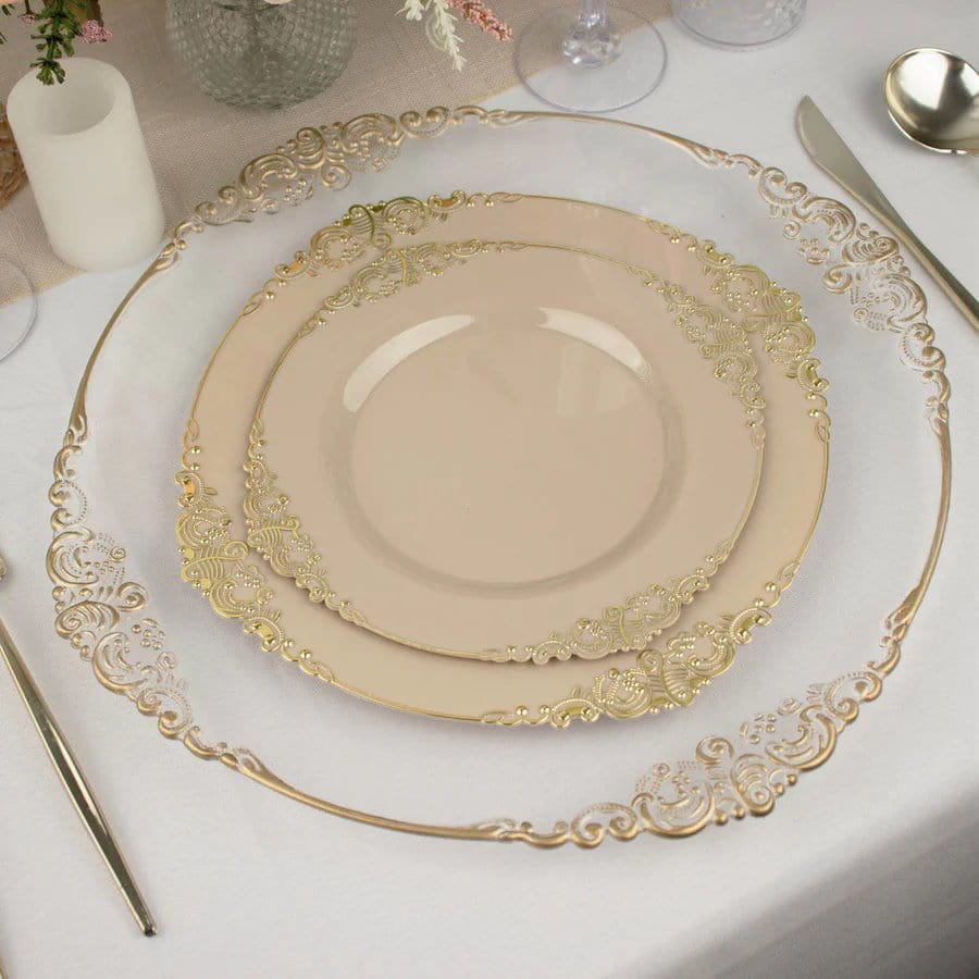 10 Round Plastic Salad Dinner Plates with Embossed Baroque Rim - Disposable Tableware