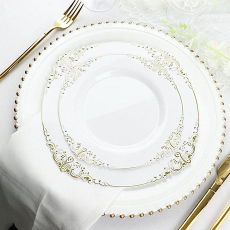 10 Round Plastic Salad Dinner Plates with Embossed Baroque Rim - Disposable Tableware