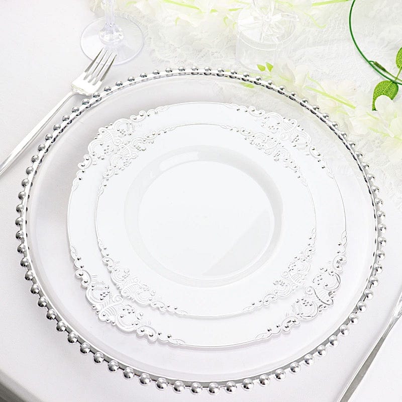 10 Round Plastic Salad Dinner Plates with Embossed Baroque Rim - Disposable Tableware