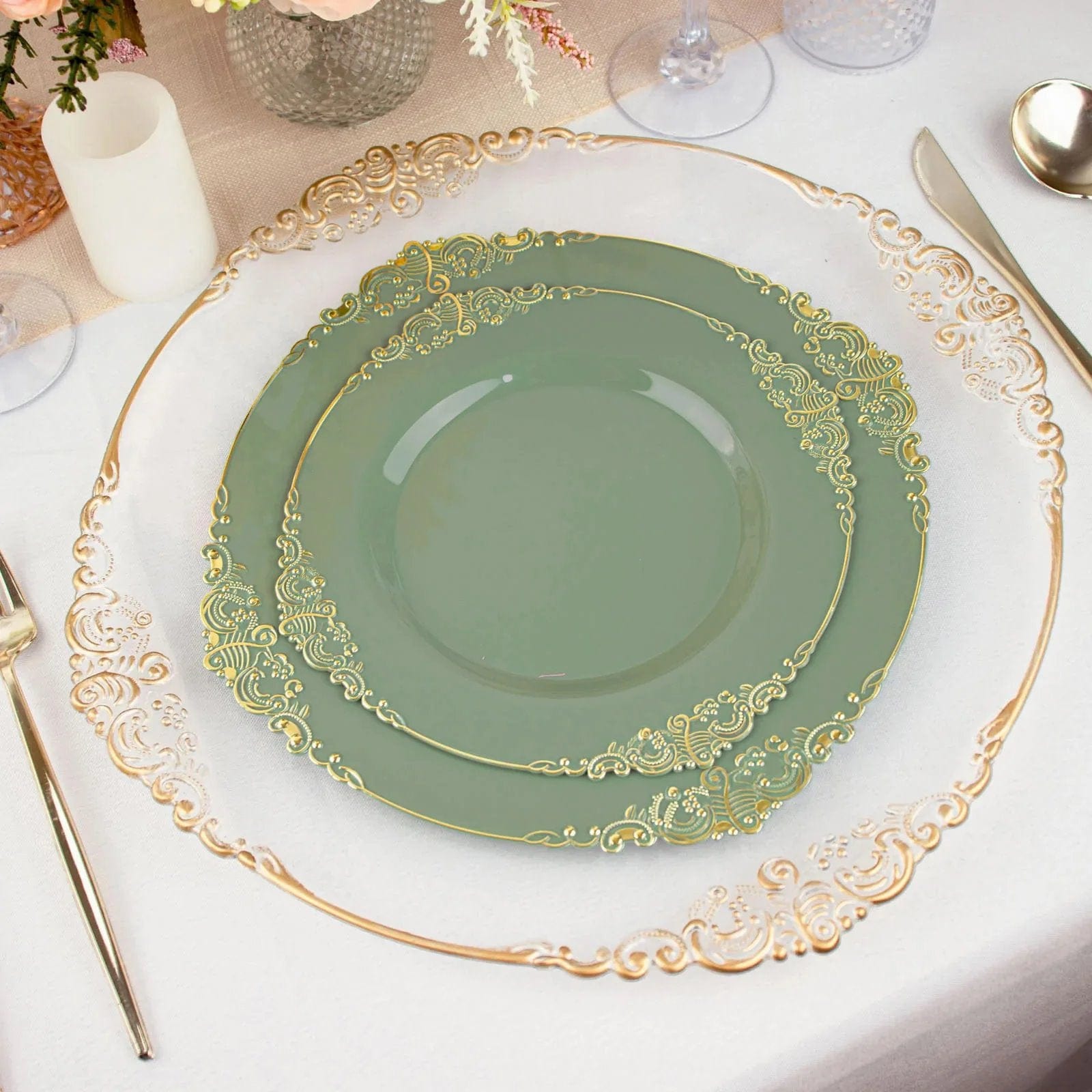 10 Round Plastic Salad Dinner Plates with Embossed Baroque Rim - Disposable Tableware