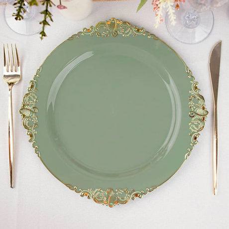 10 Round Plastic Salad Dinner Plates with Embossed Baroque Rim - Disposable Tableware
