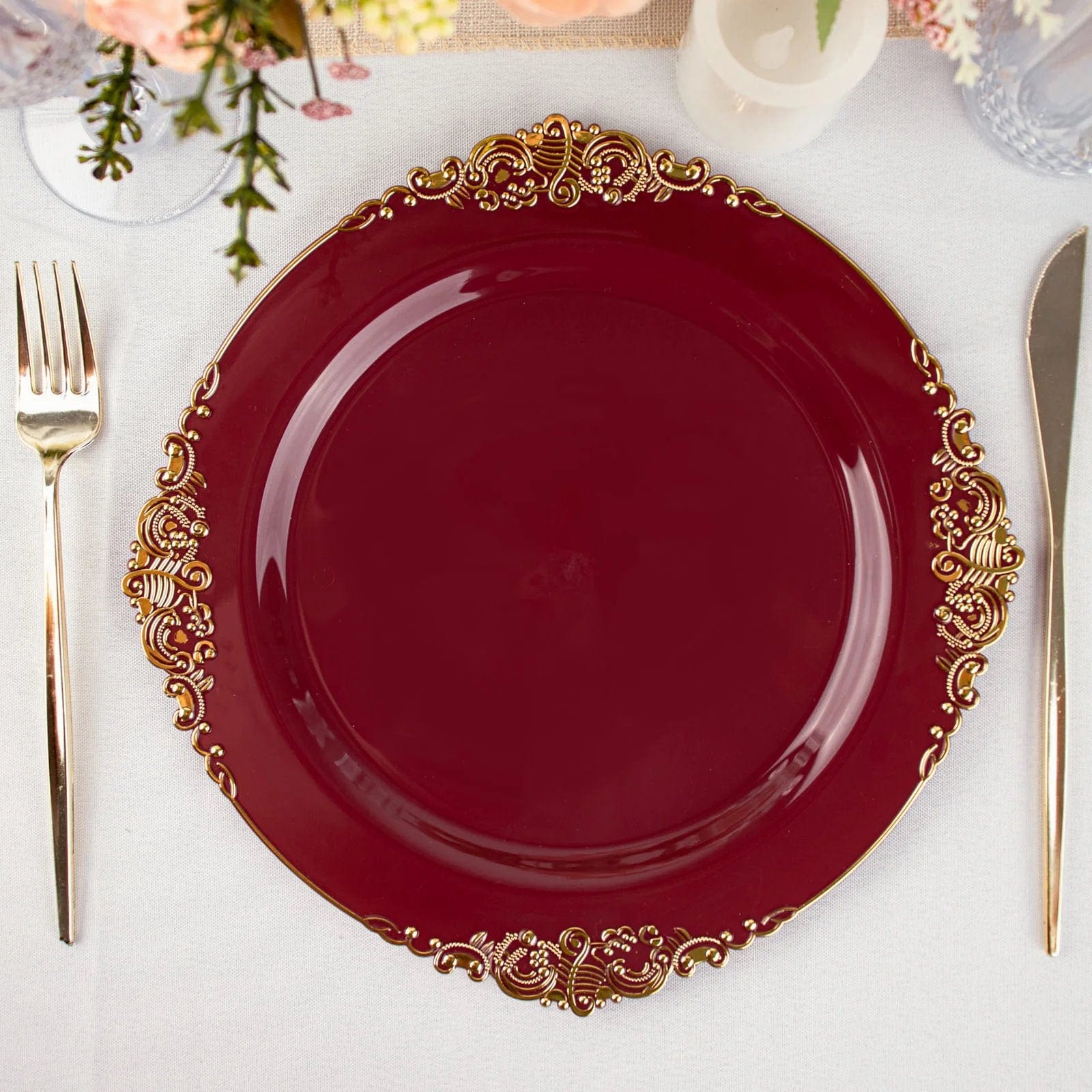 10 Round Plastic Salad Dinner Plates with Embossed Baroque Rim - Disposable Tableware