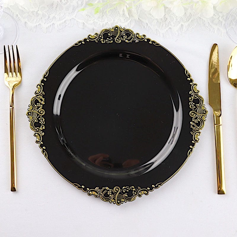 10 Round Plastic Salad Dinner Plates with Embossed Baroque Rim - Disposable Tableware