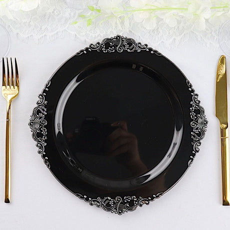 10 Round Plastic Salad Dinner Plates with Embossed Baroque Rim - Disposable Tableware
