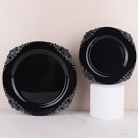 10 Round Plastic Salad Dinner Plates with Embossed Baroque Rim - Disposable Tableware
