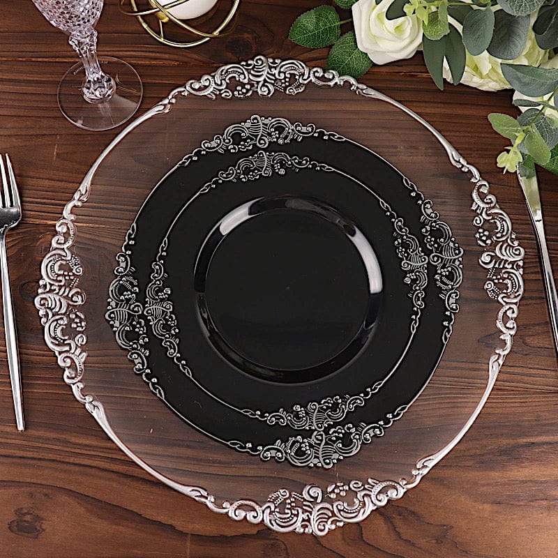 10 Round Plastic Salad Dinner Plates with Embossed Baroque Rim - Disposable Tableware