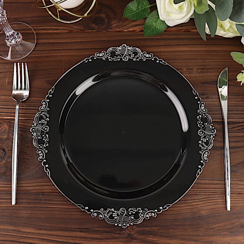 10 Round Plastic Salad Dinner Plates with Embossed Baroque Rim - Disposable Tableware
